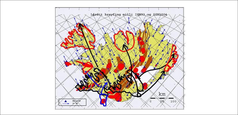 Vector derived tectonic drift - Vestfirðir - Tröllaskagi - Austfirðir 01